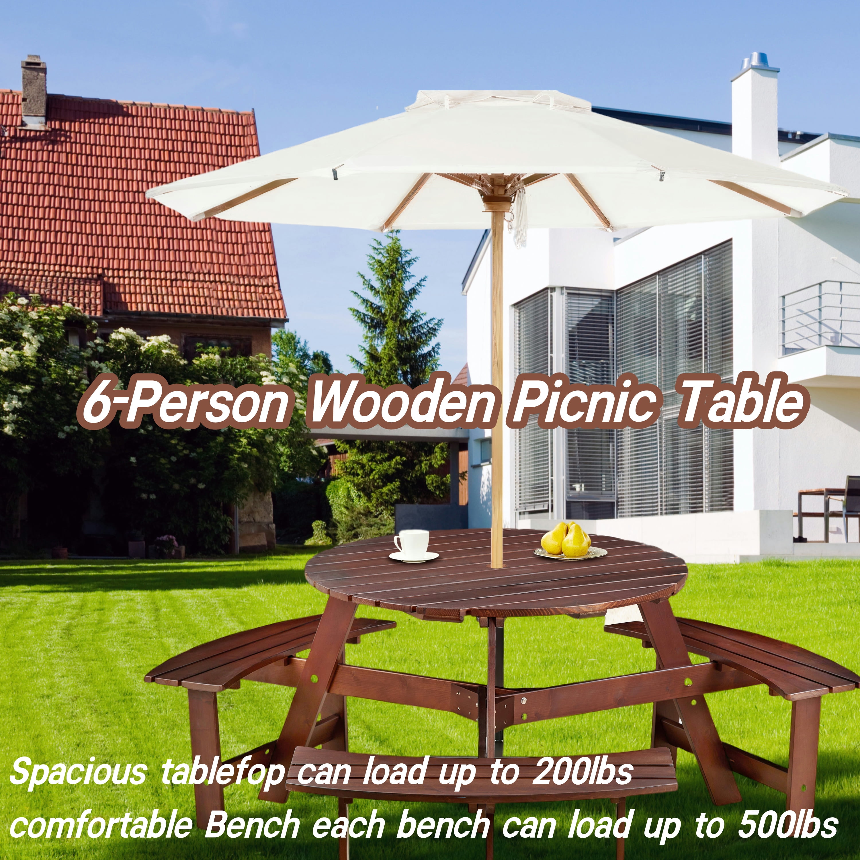 Aukfa Wooden Picnic Table for 6,Outdoor Round Picnic Table w/ 3 Benches for Garden, Backyard,Brown