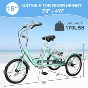 Slsy 16 inch Tricycle Trikes for Beginner Riders, Small Tricycle Single Speed 3 Wheel Bikes, Low Step Through Three-Wheeled Bicycles with Rear Basket