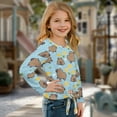 thumbnail image 3 of Xixirimido Capybara Lemon Blue Pattern Girls Casual T-Shirt Crew Neck Tunic Tops Long Sleeve Loose Fit Soft Blouse Tie-hem Tees for Fall Winter, Size 5-6, 3 of 7