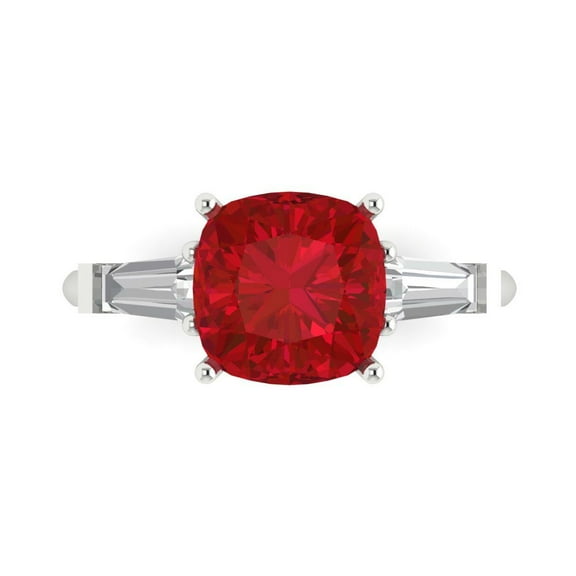 3 ct Cushion Cut Simulated Ruby Three-Stone Engagement Ring for Women in 14K White Gold