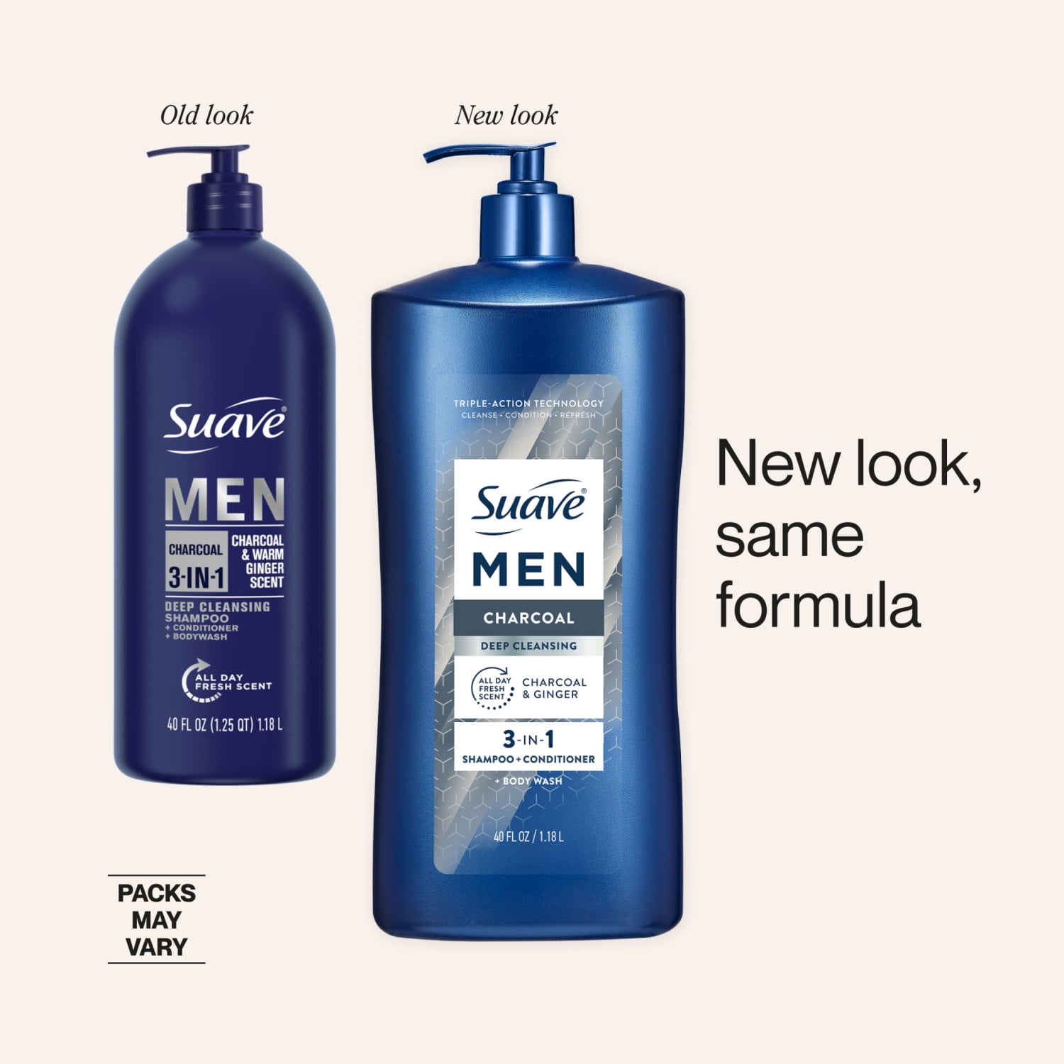 (4 pack) Suave Men Deep Cleansing 3-in-1 Shampoo, Conditioner & Body Wash with Charcoal, 40 FL OZ