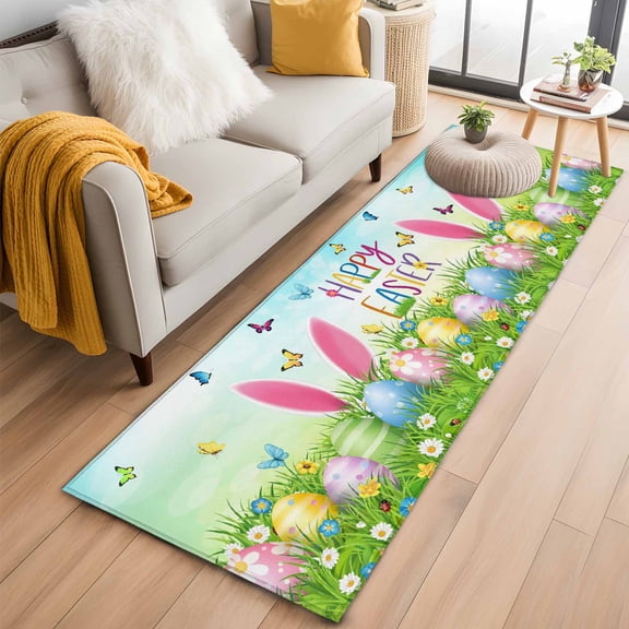 Easter 2'x6' Runner Rugs for Hallway Kitchen Bedside Non Slip Washable, Spring Easter Eggs Bunny Butterflies Green Entryway Rug Runners with Rubber Backing, Long Carpet Runner for Laundry Room