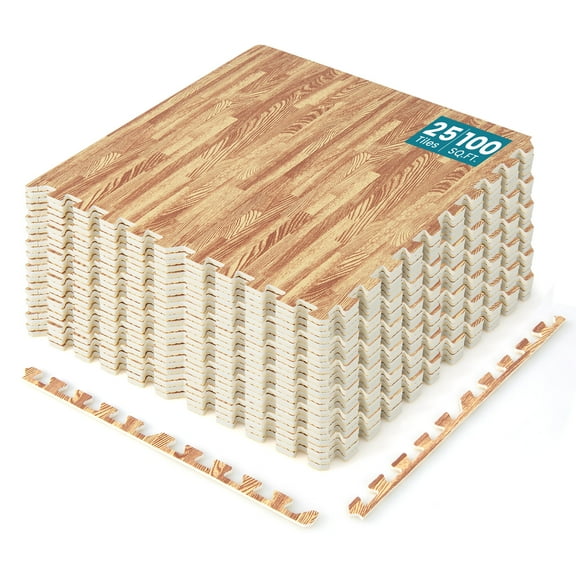 Gymax 25 Tiles Wood Grain EVA Foam Floor Mats Interlocking w/ Borders 24'' Natural