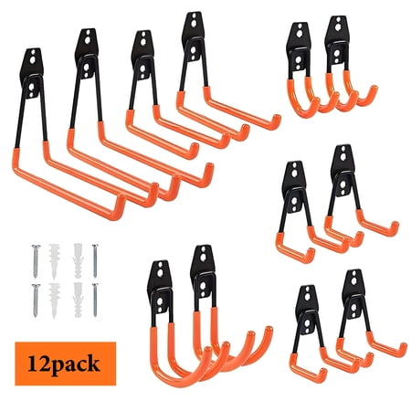 Upgraded Heavy Duty Steel Garage Hooks 12PCS Anti-Slip Coating Wall Mount Double Utility Hooks Orange Tool Hangers for Ladders Bikes Garden Tools & Kayaks