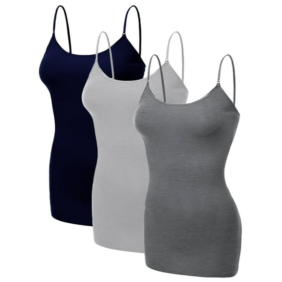 Emmalise Women's Basic Casual Long Camisole Adjustable Strap Cami Layering Top, Medium, 3Pk Navy, Hth Grey, Hth Charcoal
