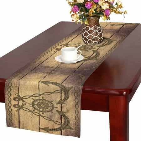 Wood Table Runner MKHERT Compass Nautical Anchor Wheel On Wood Table Runner Home Decor for Wedding Party Banquet Decoration 16x72 Inch ()
