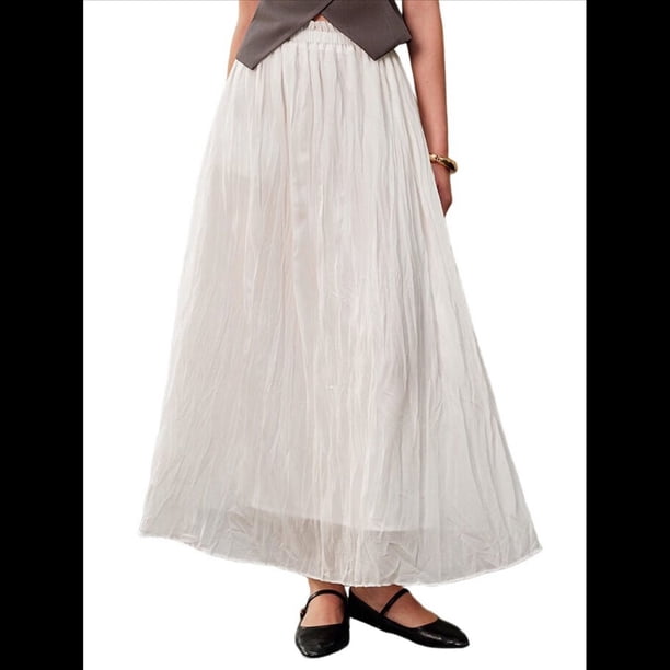 Falda Larga Plisada Informal con Cintura Elástica y Corte A para Mujer, Elegante y Larga. L