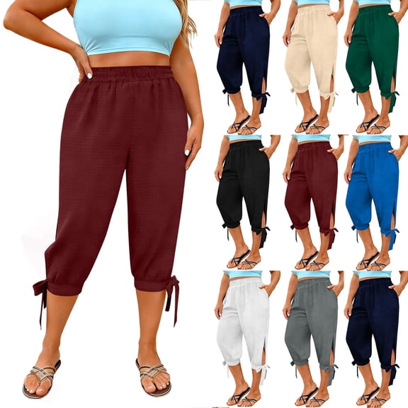 Women's Cargo Capris Pants Women Fashion Oversize Casual High Waist Linen Loose Pocket Straight Solid Long Pants Wine XXL