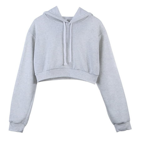 Short Sweater Top - Women Hooded Short Hoodies Sweatshirts Crop Tops Sweater Long Sleeve Sports Pullover Tops Light gray S