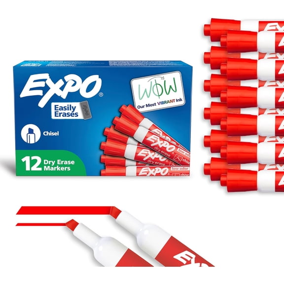 EXPO Low Odor Dry Erase Markers Chisel Tip Red 12 Count
