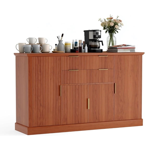 Roromall Fluted Buffet Cabinet, 58" Sideboard with 4 Doors & 2 Drawers, Adjustable Shelf Storage Cabinet, Kitchen Console Table with Gold Handles, Coffee Bar & Living Room Credenza