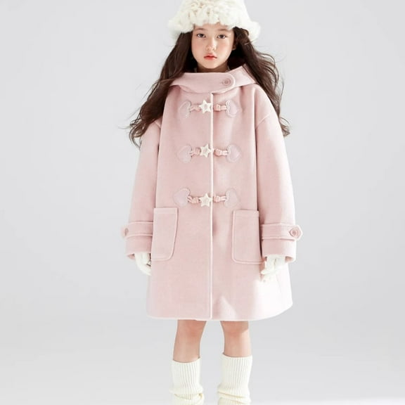 NAISIBABY Girls Woolen Overcoat, Fashion Button Up Hooded with Pockets Mid Length Winter Thermal Dress Peacoat Pink 8T