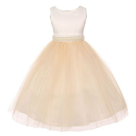 Little Girls Champagne Satin Glitter Waist Illusion Material Flower Girl Dress (Best Material For Flowy Lehenga)