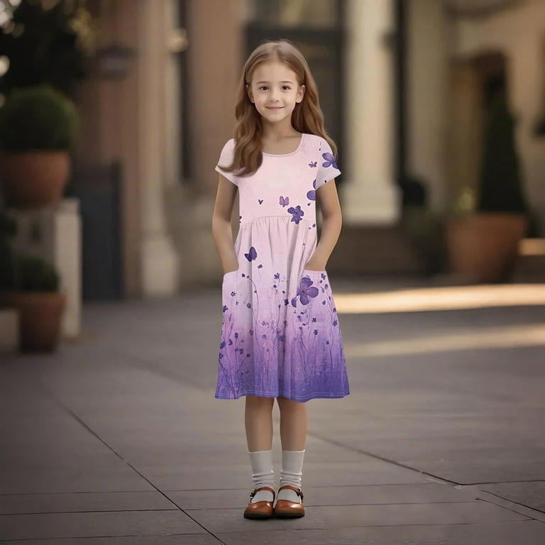 Xyxonk Toddler Short Sleeve Dress Baby Girls Gradiented Skater