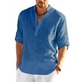 thumbnail image 2 of Camiseta de manga larga de lino para hombre, camiseta informal suelta de Color sólido, camisa de lino de algodón de manga larga, nueva, 2 of 4