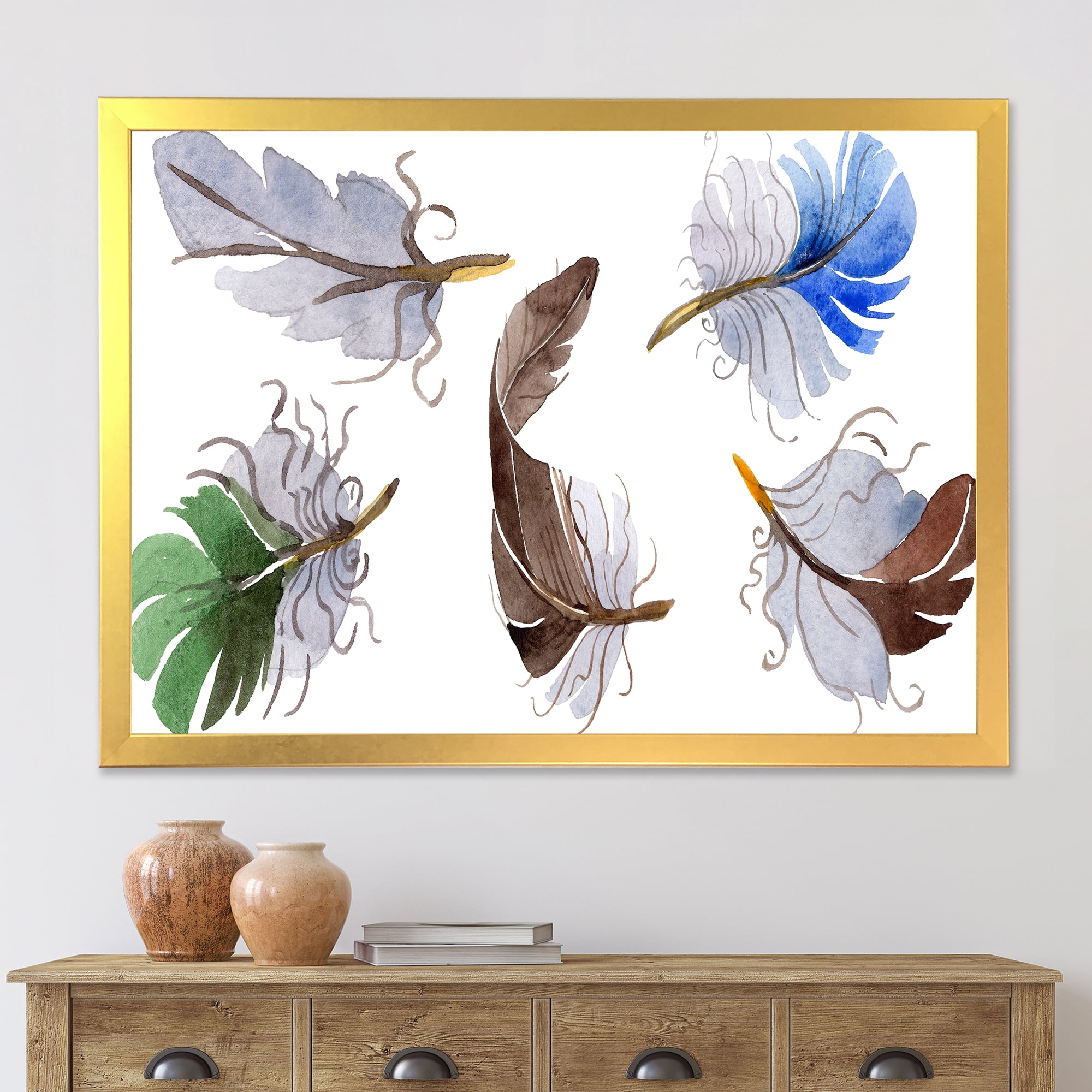Designart 'Colourful Boho Feather Set On White IV' Bohemian & Eclectic Framed Art Print