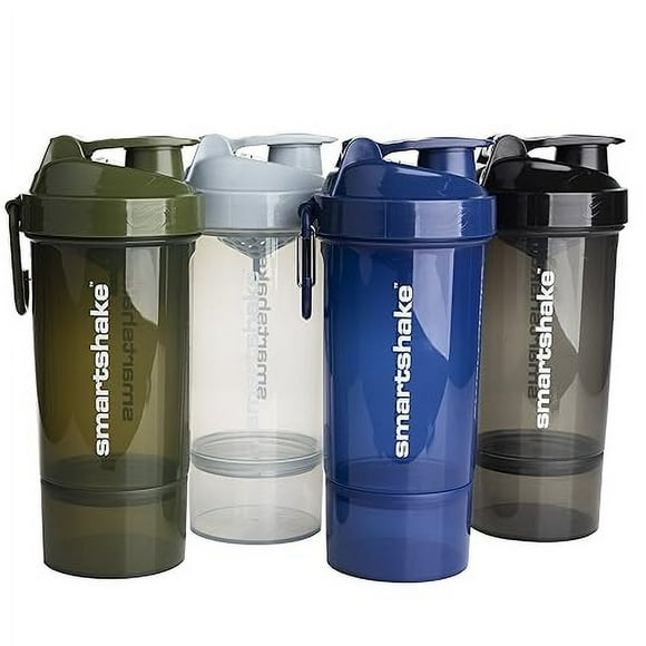 Smartshake O2GO ONE Paquete de 4 Botellas Cocteleras de Proteínas 800 ml | 27 oz - Almacenamiento incluido - Tapa roscada a prueba de fugas - Sin BPA - Unisex - Gris niebla, verde militar, negro, azul