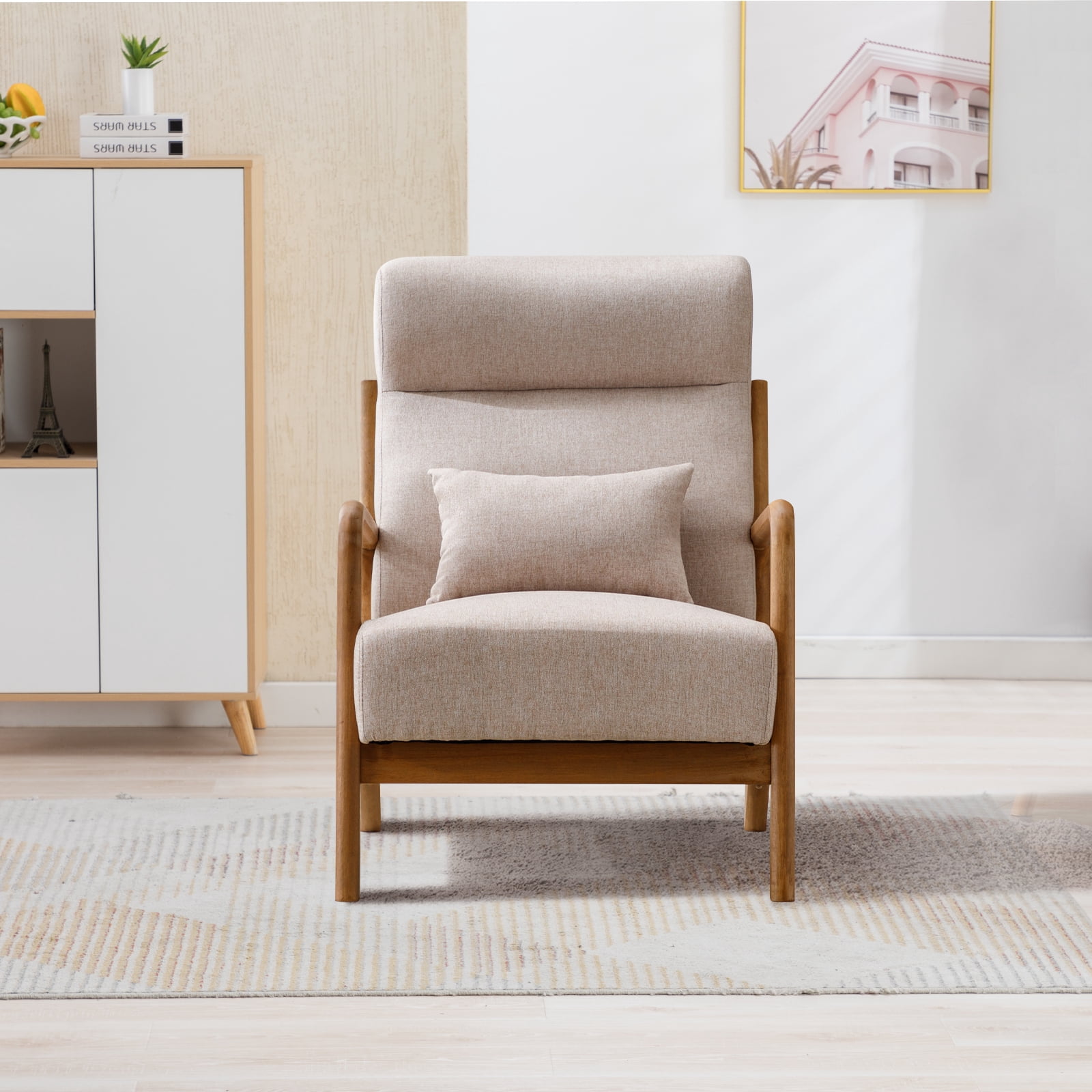 Bonzy Home Accent Chair Set of 2 Mid Century Modern Upholstered Armchair with Wood Frame for Living Room Bedroom Study Room, Easy Assembly, Beige