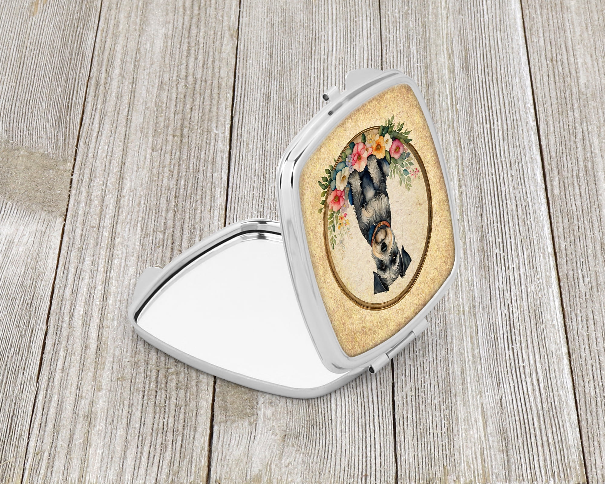 Schnauzer and Flowers Compact Mirror 2.75 in x 3 in
