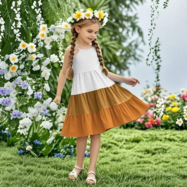 Pisexur Robes Fille Robes Mignonnes pour Filles Robe d'Été Bohème Sans Manches à Bretelles Smockée à Volants Marron, 5 Ans