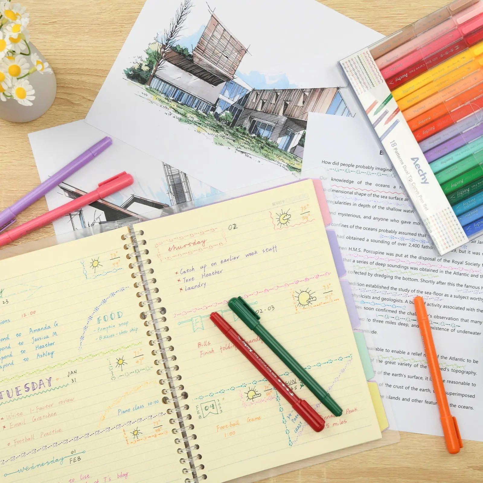 Seyotauo Double-Headed Roller Highlighter Pen, Flower Shaped Curved Tip Design, Color Wave Marking Marker, Multicolor Smooth Writing Highlighter, Ideal for Note Marking