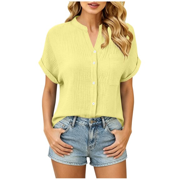 Blouses for Women Summer V Neck Short Sleeve Button Down Shirts Business Casual Tops Women's Clothing