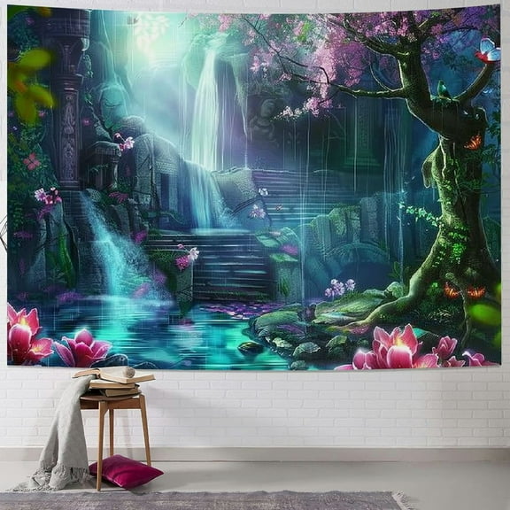 BCIIG  Enchanted Forest Tapestry Magic Trees Waterfall Flower Mushroom Fantasy World Tapestries Fairy Tale Wall Blankets Flannel Aesthetic Decoration for Living Room Bedroom