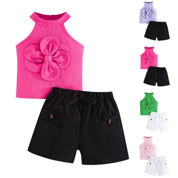 Fesfesfes Toddler Girls Clothing Sets Flower Sleeveless Tank Tops Shorts Sets Halter Neck Tops Solid Color Clothing 2-piece Sets