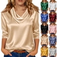 thumbnail image 5 of AherBiu Satin Tops for Women 3/4 Sleeve Cowl Neck Dressy Casual Blouse Fitting Ladies Work Shirts, 5 of 6