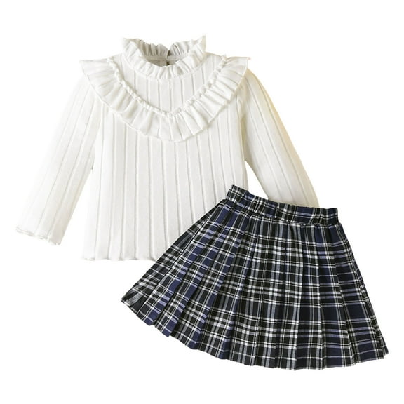 newwalpole Toddler Girls Skirt Set Long Sleeve Ruffle Top Shirt Plaid Skirt Fall Winter Clothes for Girls 2 Piece Outfits Blue for Size 2-3 Years