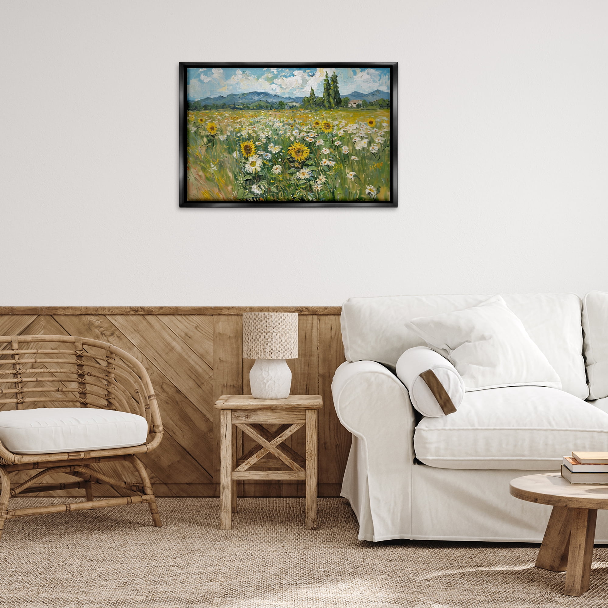Stupell Industries Sunflower & Daisy Meadow Landscape & Nature Painting Black Floater Framed Canvas Art Print Wall Art, 31 x 21