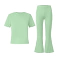 thumbnail image 5 of Teen Girls Solid Color Clothes 2 Piece Outfit Classic Short Sleeve Tee Basic Top Bell Bottom Pants Set Casual Flare Trouser Sweatsuit Activewear Suit, 5 of 7