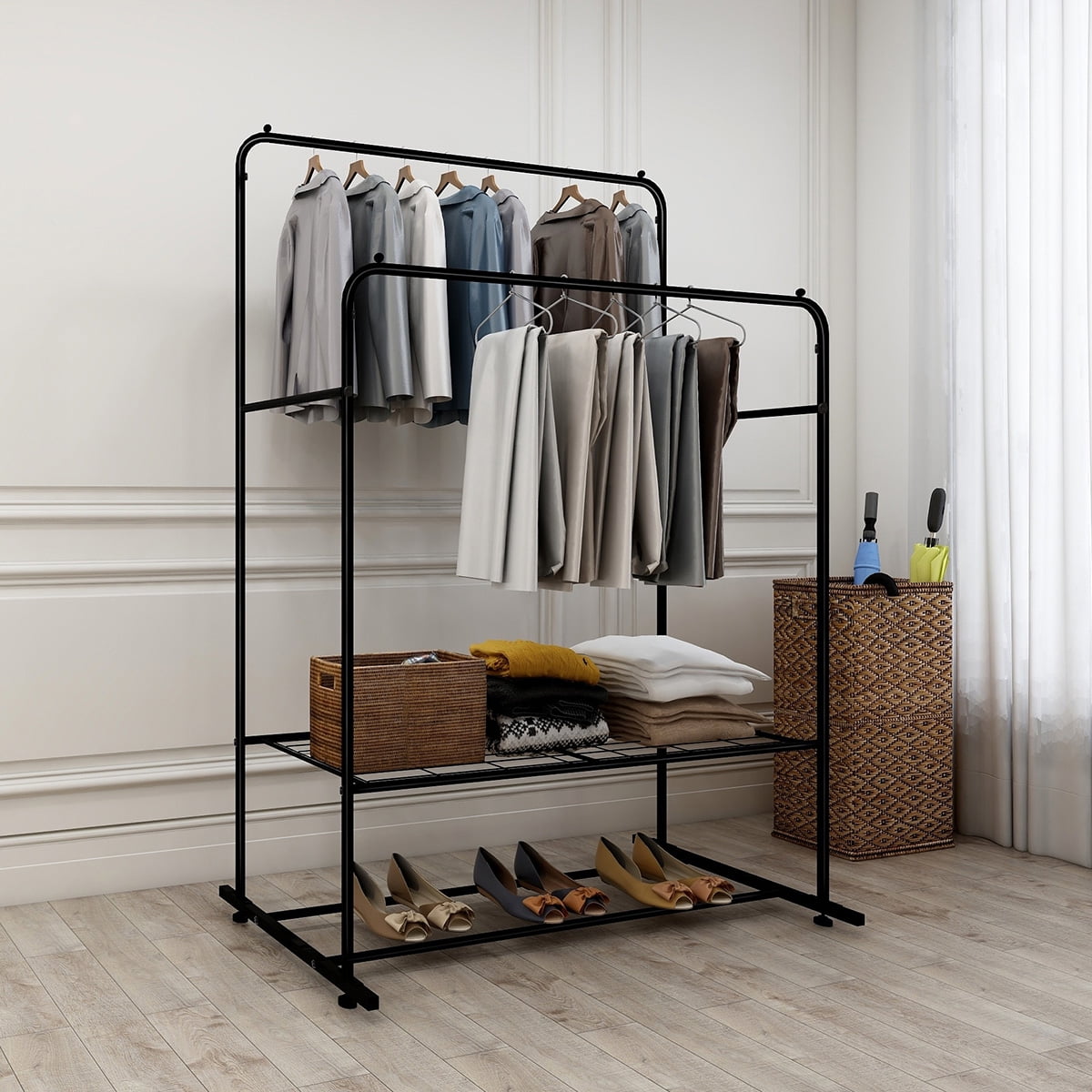 eSituro Double Rail Clothes Rack Adjustable Clothing Storage Garment Rack with 2 Tiers Shoe Rack Designed 4 Wheels Grey 