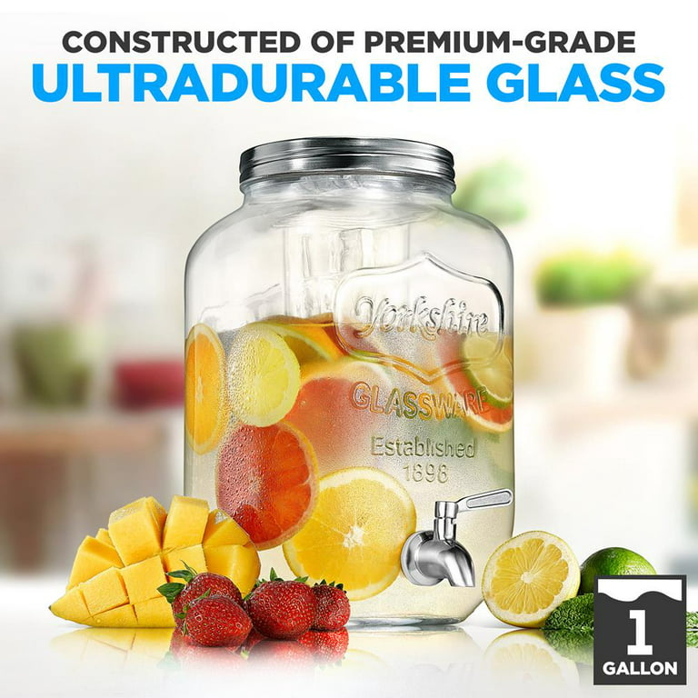 2 Gallon Glass Beverage Dispenser with Ice and Fruit Infusers, Steel Spigot