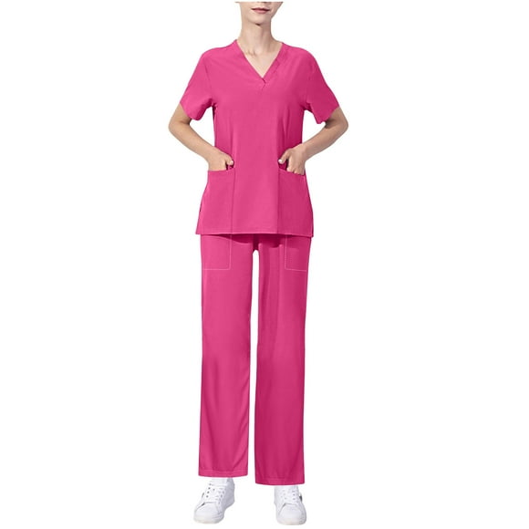 yoeyez Scrubs for Women Plus Size 4X Stretch,Women Stretchy V-Neck Scrub Tops anddrawstring Cargo Pants With Multi Pocket for Nurse Workwear Hot Pink