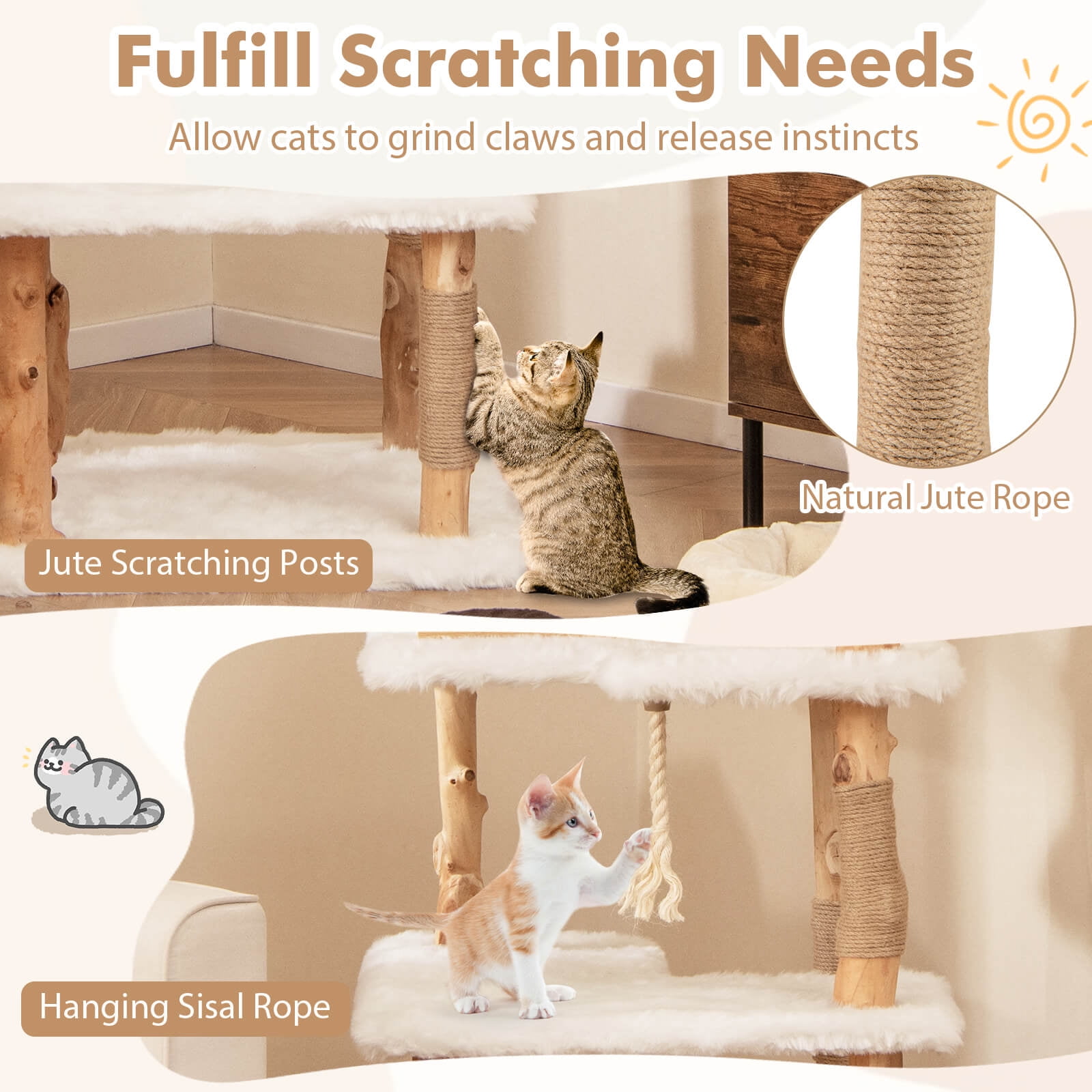 Infans 60" Tall Solid Wood Cat Tree w/ 2 Perches Condo Jute Scratching Posts Sisal Rope