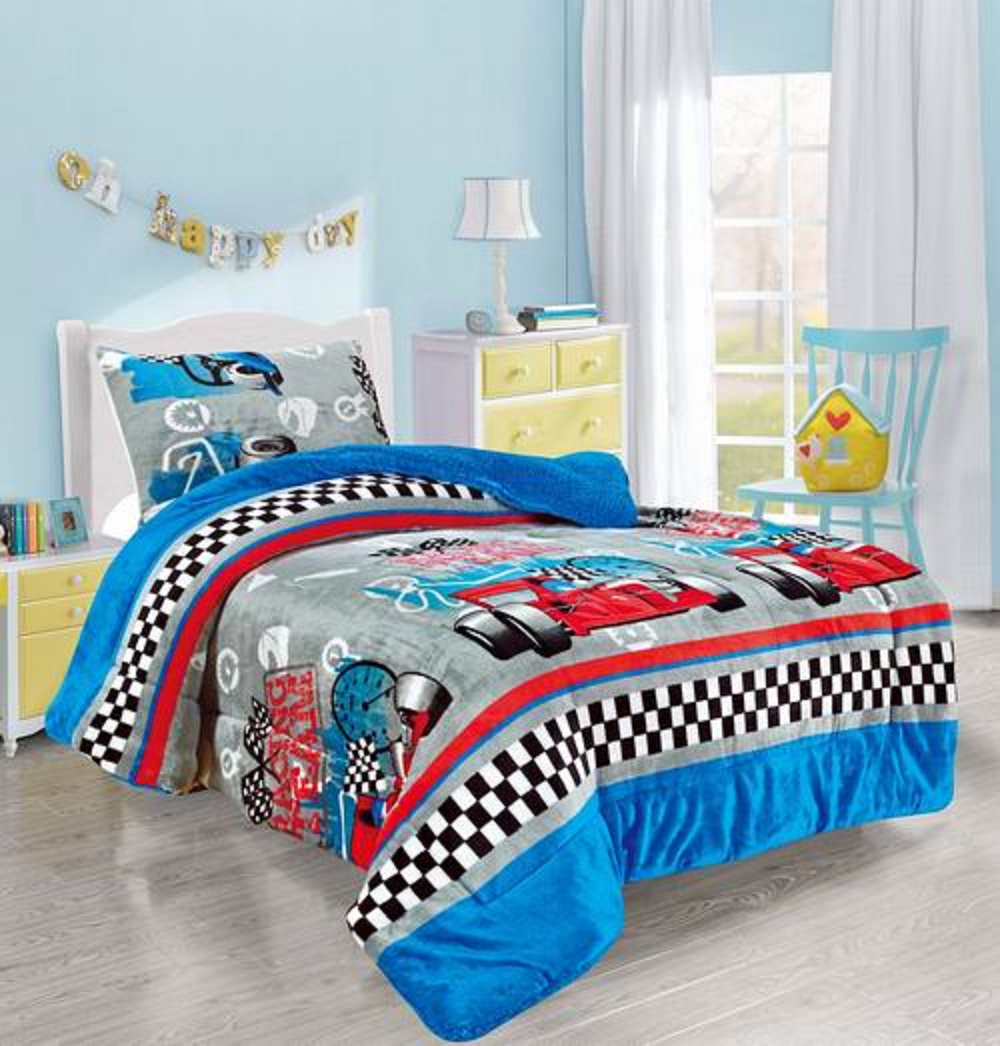 RACING CARS BOYS FLANNEL BLANKET WITH SHERPA 2 PC TWIN THICK SOFT AND WARM