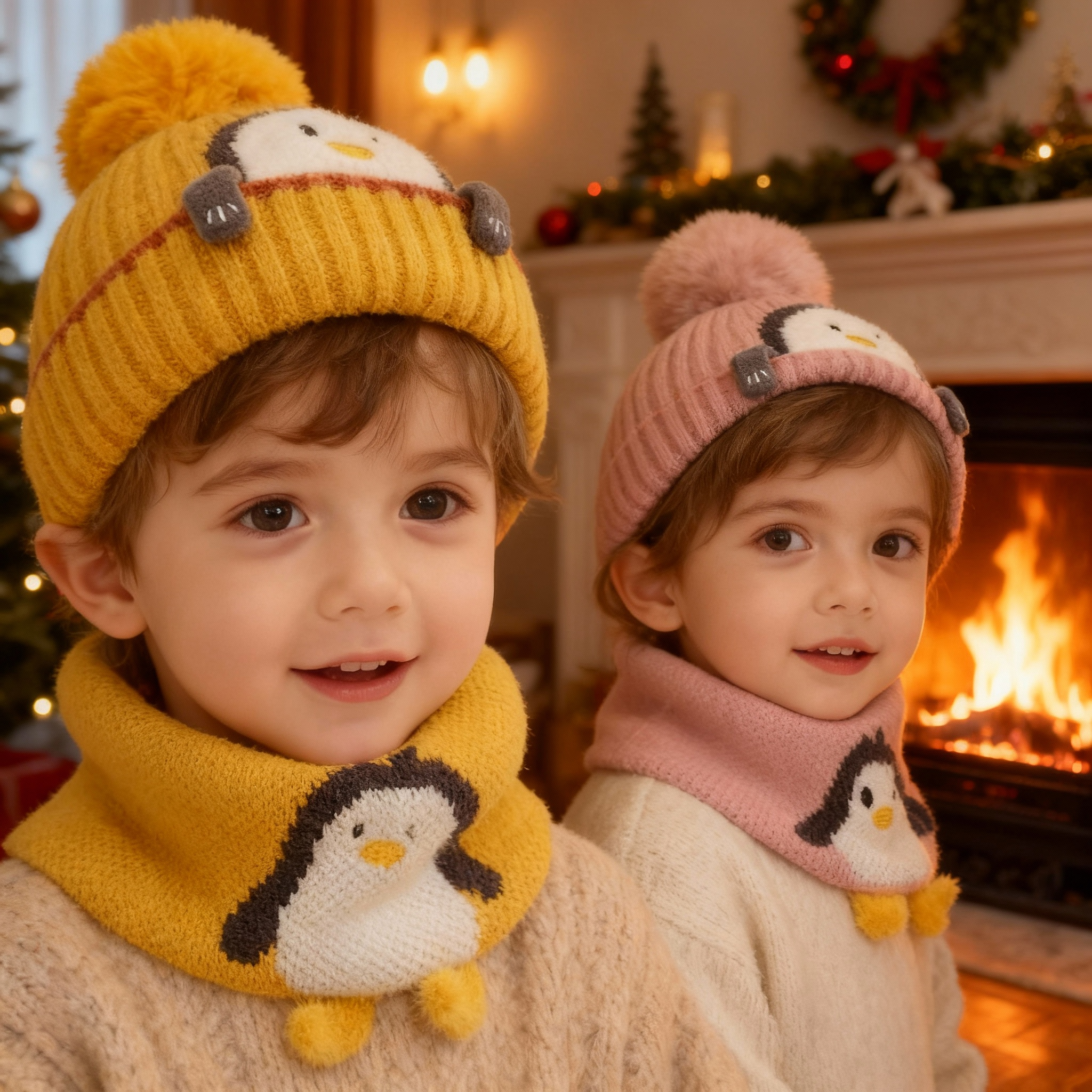 Baby Kids Winter Warm Hats, Infant Toddler Children Pom Pom Beanie Knit Cap Girls Boys-2 piece