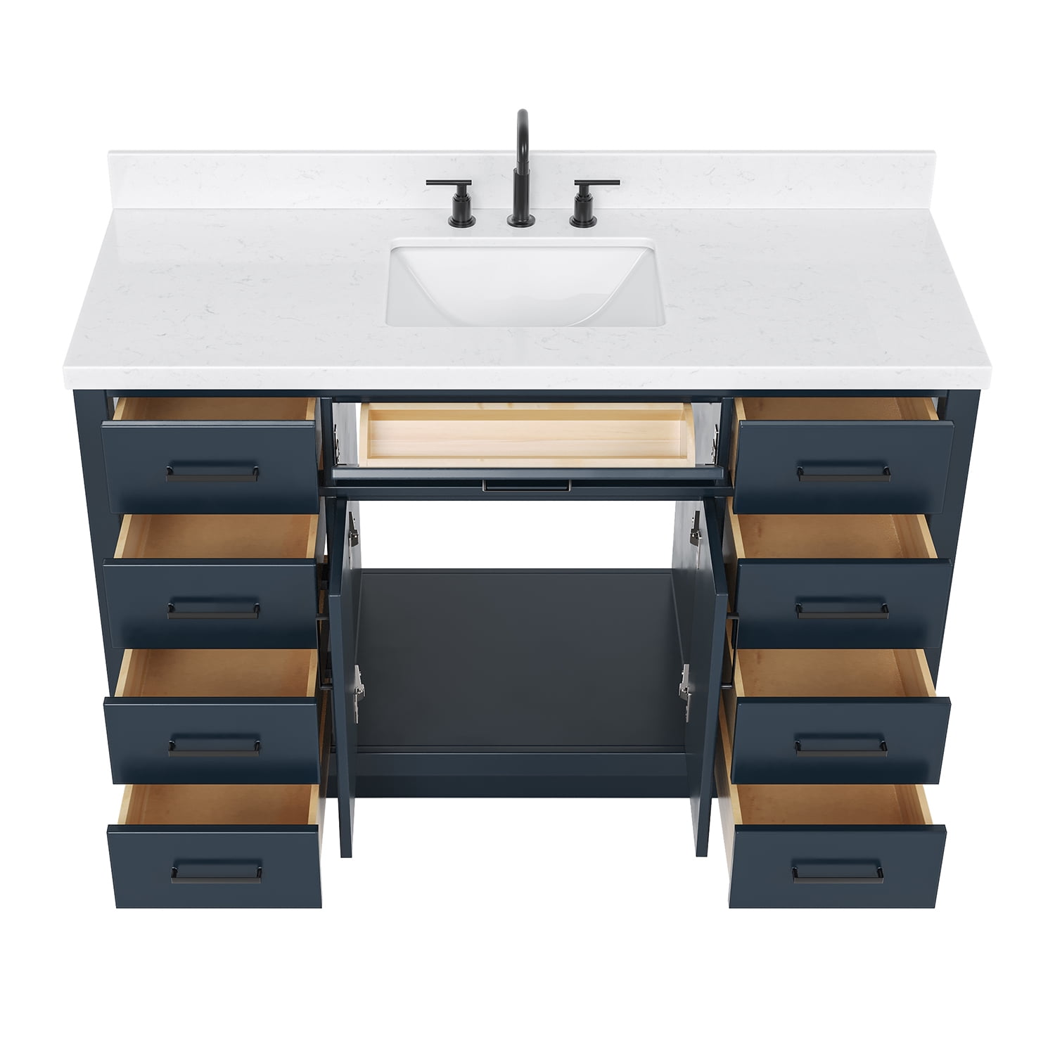 ARIEL Hepburn 54" Midnight Blue Bathroom Vanity, 1.5" Edge Carrara Quartz Countertop & Splash, Single Rectangular Sink, 2 Soft Closing Doors, 9 Full Extension Dovetail Drawers, Toe Kick, Matte Black