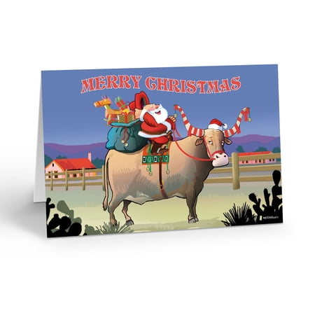Santa & Texas Longhorn Christmas Card - 5 x 7 Christmas Card - 18 Cards & 19 White Envelopes - 40049