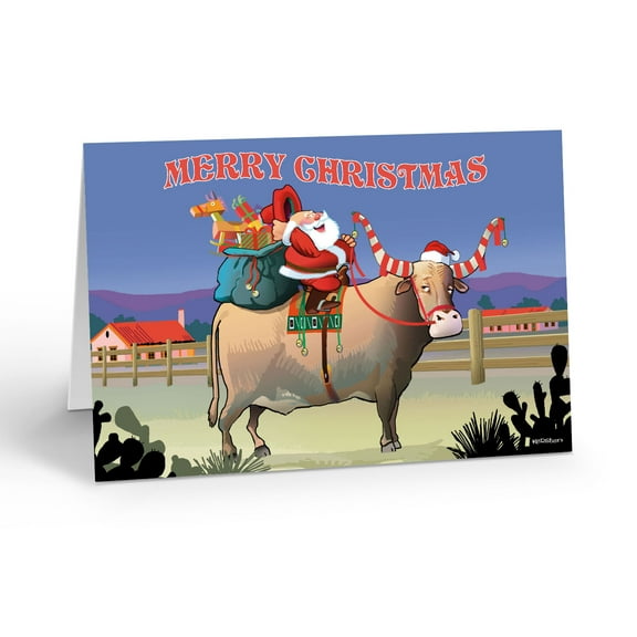 Santa & Texas Longhorn Christmas Card - 5" x 7" Christmas Card - 18 Cards & 19 White Envelopes - 40049
