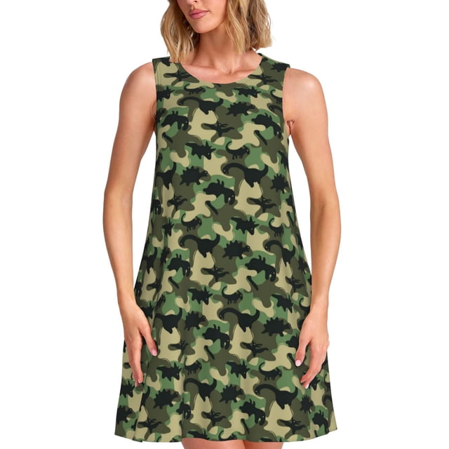 Balery Camouflage Dinosaur Vestidos de verano para mujer con estampado: vestido holgado sin mangas, vestido playero informal y cómodo para días calurosos.