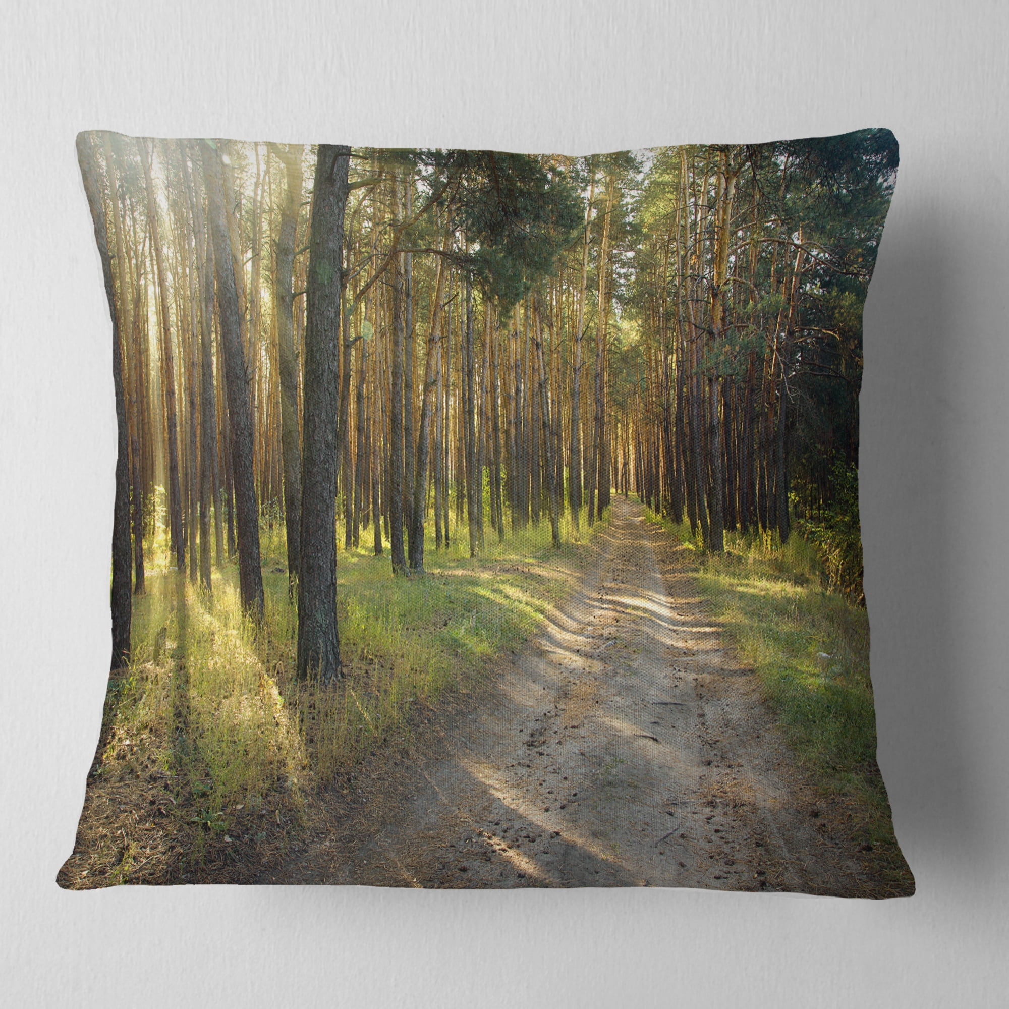 Designart Road Through Green Pine Forest - Landscape Photography Throw Pillow - 18x18