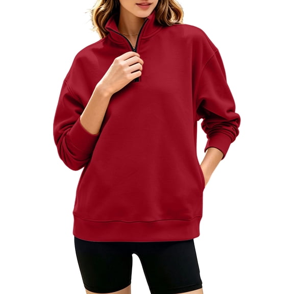 Sahpxhe Womens Sweatshirt Half‑Zip Stand Collar Long Sleeve Comfy Pullover Relaxed Fit Casual Sporty Street Style Tops for Fall Wine S