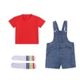 thumbnail image 3 of CYRBOKO Boys Outfit Sets, 3 Pieces Summer Cotton Casual Denim Jumpsuits T-shirts Socks Sets Red Size 7-8 T, 3 of 9