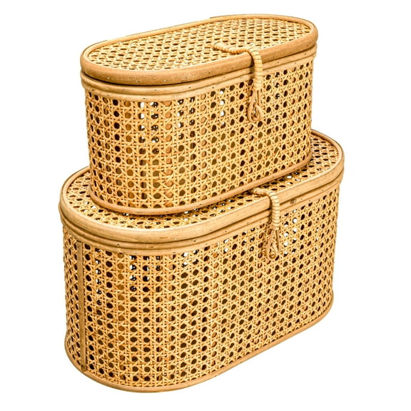 Creative Co-Op Modern Decorative Oval Woven Rattan Storage Boxes, Set of 2 Sizes, Natural Finish