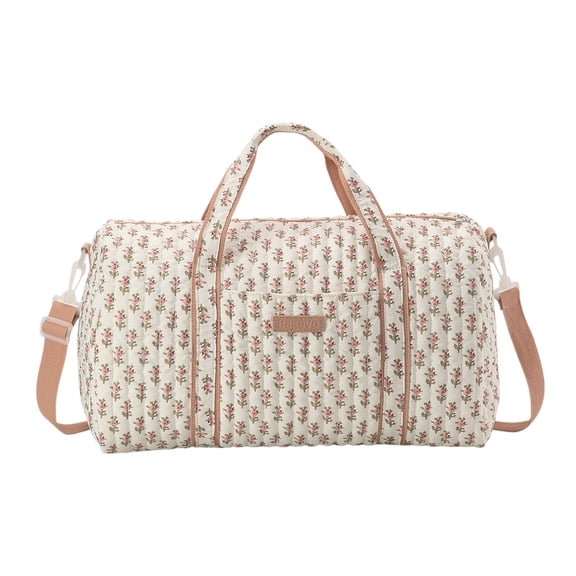 Quilted Floral Travel Duffel Bag, Large Capacity Lightweight Boston Tote Bag for Overnight Getaways (Pink Trumpet Flower)