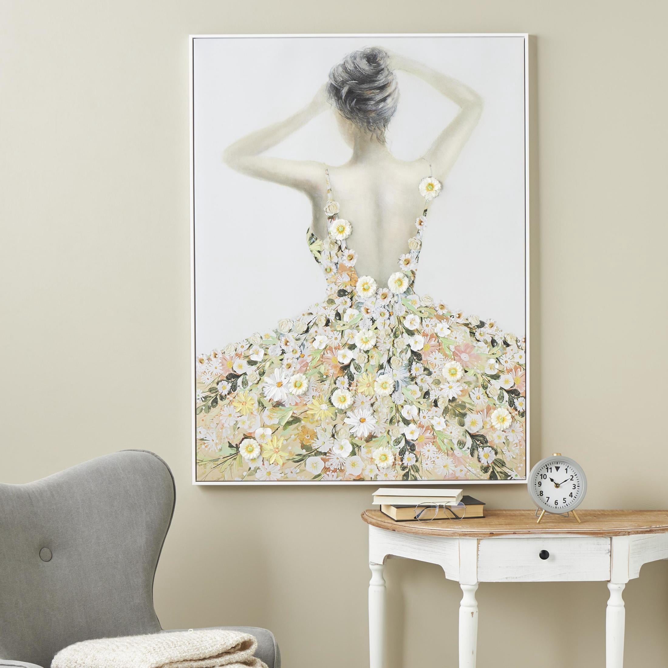 36" x 47" Woman Framed Wall Art with 3D Daisy Flowers, by DecMode