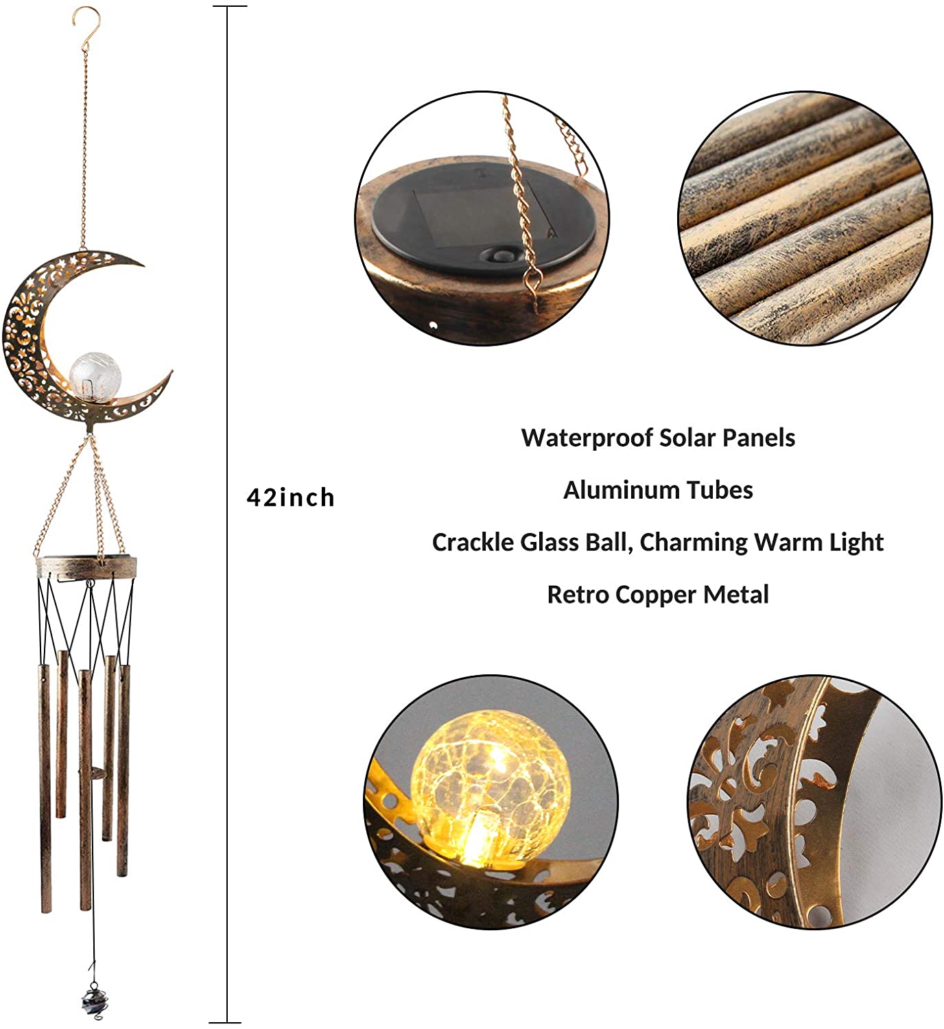 TiokMc Solar Wind Chimes, 42-Inch Copper Bells with LED Light photo 7