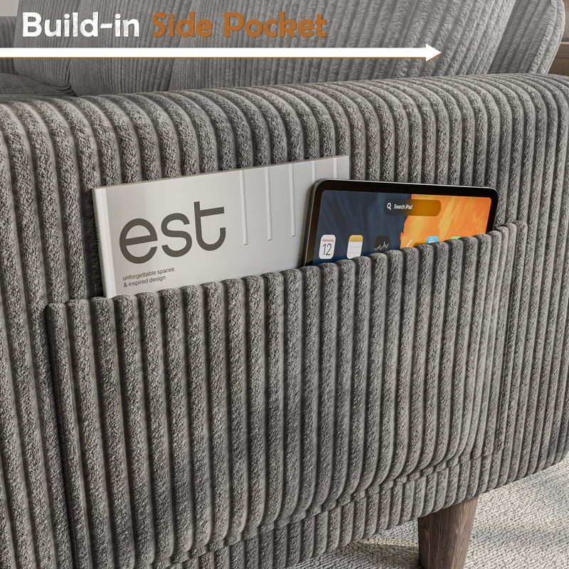 Lacoo 3 Seat Sectional Sofa L-Shaped Couch with Reversible Ottoman Convertible Cloud Couch for Living Room,Corduroy Gray